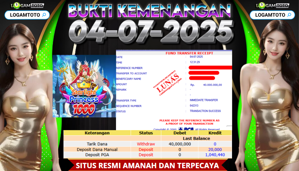 SELAMAT KEPADA MEMBER SETIA LOGAMTOTO BERHASIL JACKPOT DI PERMAINAN SLOT STARLIGHT PRINCESS 1000 